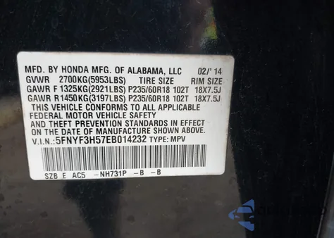 2014 Honda Pilot Ex-L from USA, damaged, VIN 5FNYF3H57EB014232